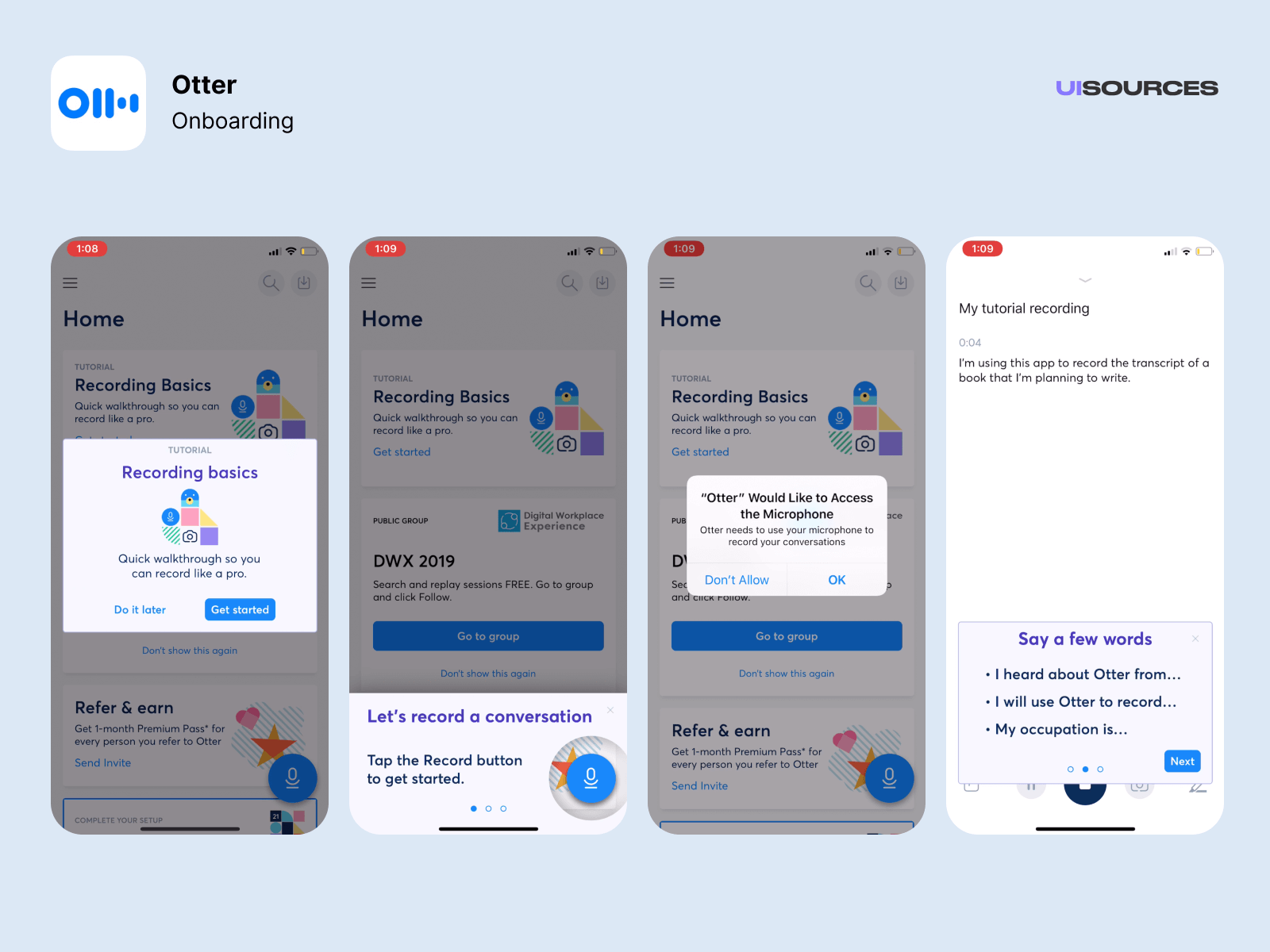 Otter App Record, transcribe voice notes UI Sources